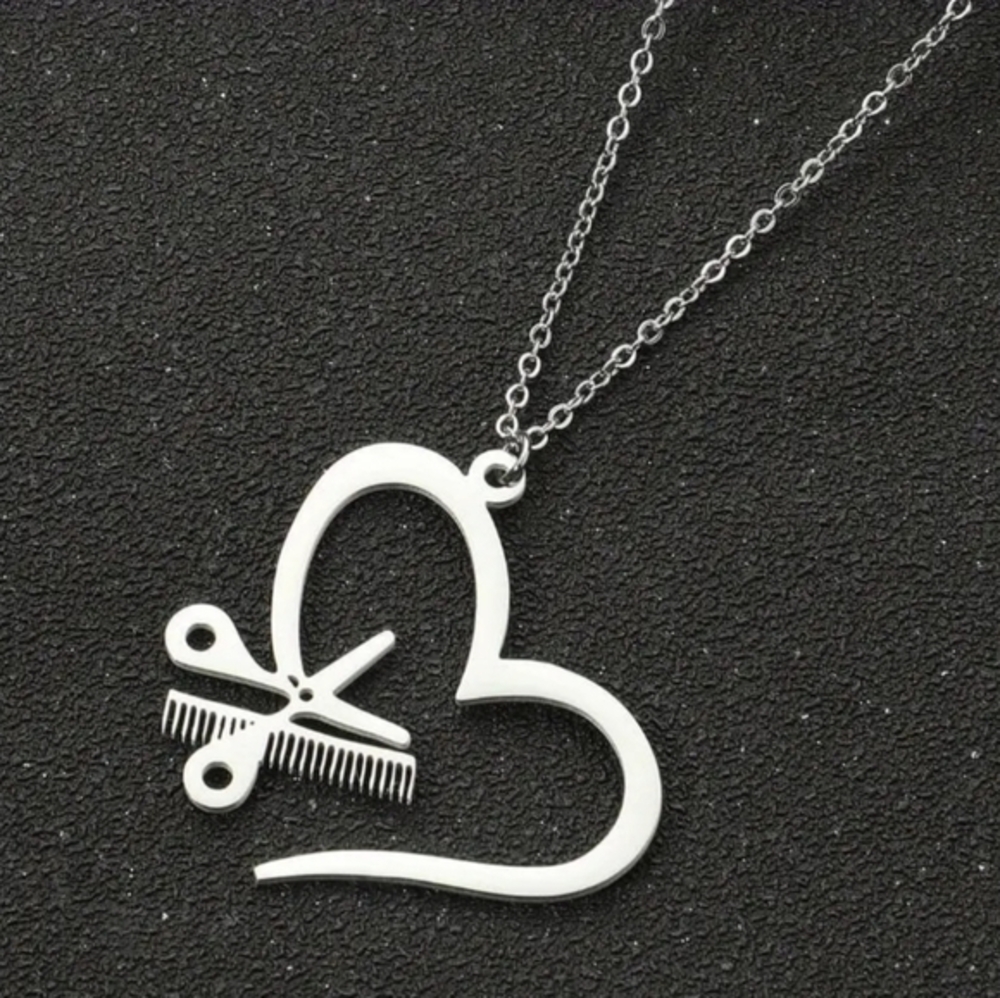 Hairdresser Salon Tools Scissor & Comb Heart Pendant‎ Hairstylist Salon Necklace